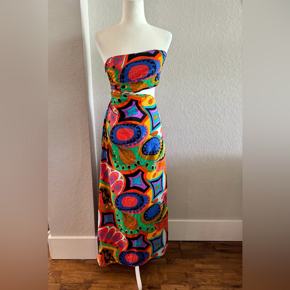 SWF Murano Asymmetrical strapless Cut Out retro printed Maxi Dress Size XS - Picture 2 of 9